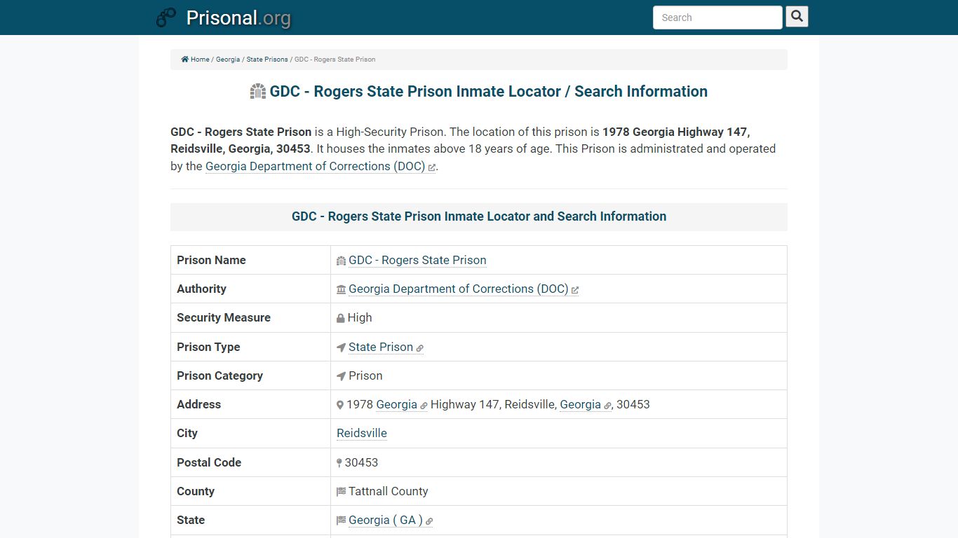 GDC - Rogers State Prison-Inmate Locator/Search Info ...